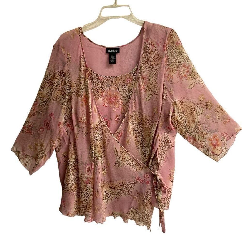 Avenue floral leopard boho print silk side wrap blouse women’s 18 scoop neck